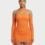 Strapless Mesh Mini-Jurk met Drapage - Finn Jules in Oranje - Finn Jules
