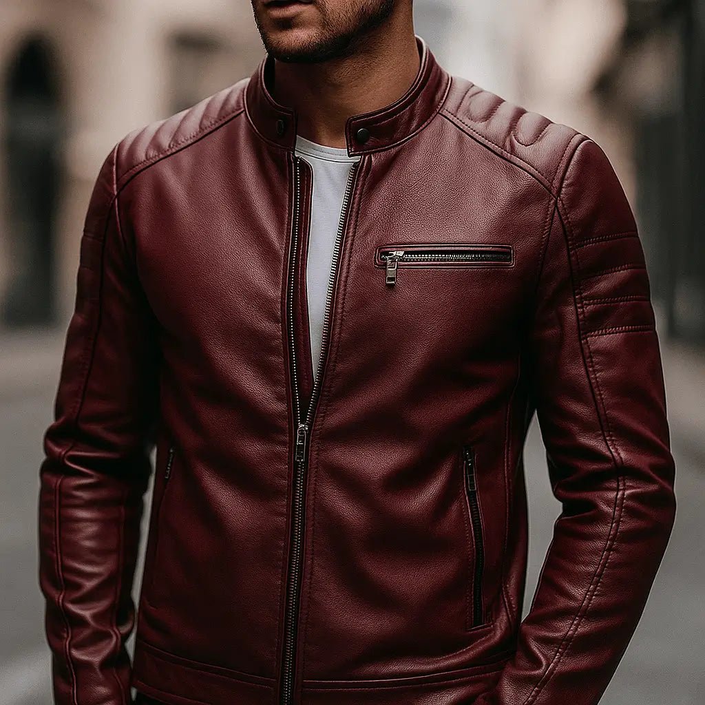 Bikerjack Heren Kunstleer Slim Fit — Lucas in Bordeauxrood - Finn Jules