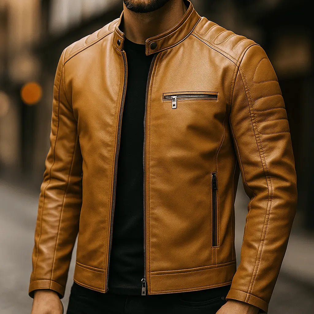 Bikerjack Heren Kunstleer Slim Fit — Lucas in Tan - Finn Jules