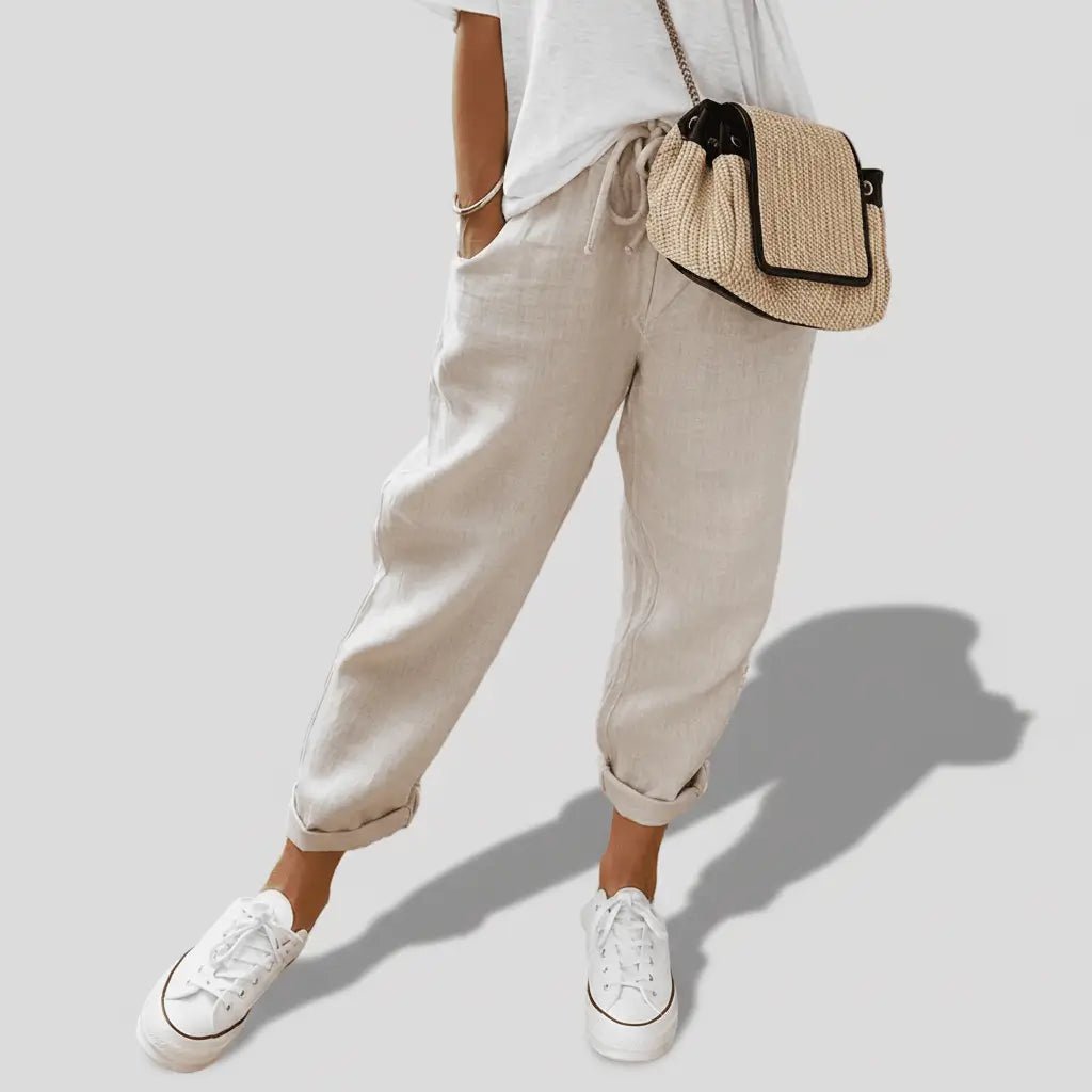 Calças casuais femininas - Calças leves de linho — Zoë in Khaki - Finn Jules