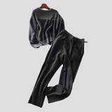 Two-Piece Set: Round Neck Color Block Knit Top + Drawstring Color Block Long Knit Wide Pants in Donkergrijs - Finn Jules
