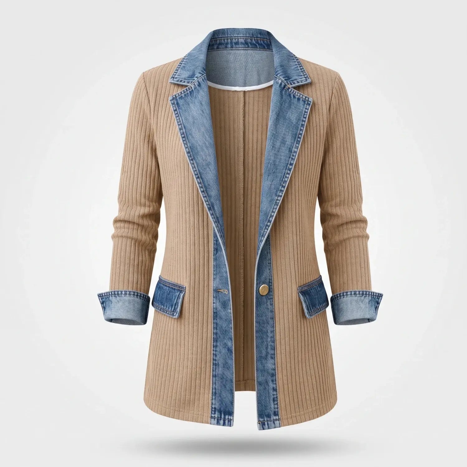 Gebreid Vest Denim Detail Flatterend — Iris in Beige - Finn Jules