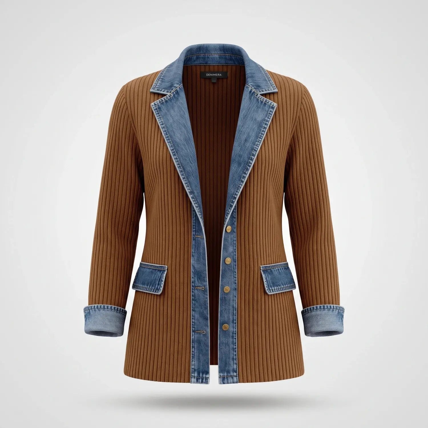 Gebreid Vest Denim Detail Flatterend — Iris in Khaki - Finn Jules