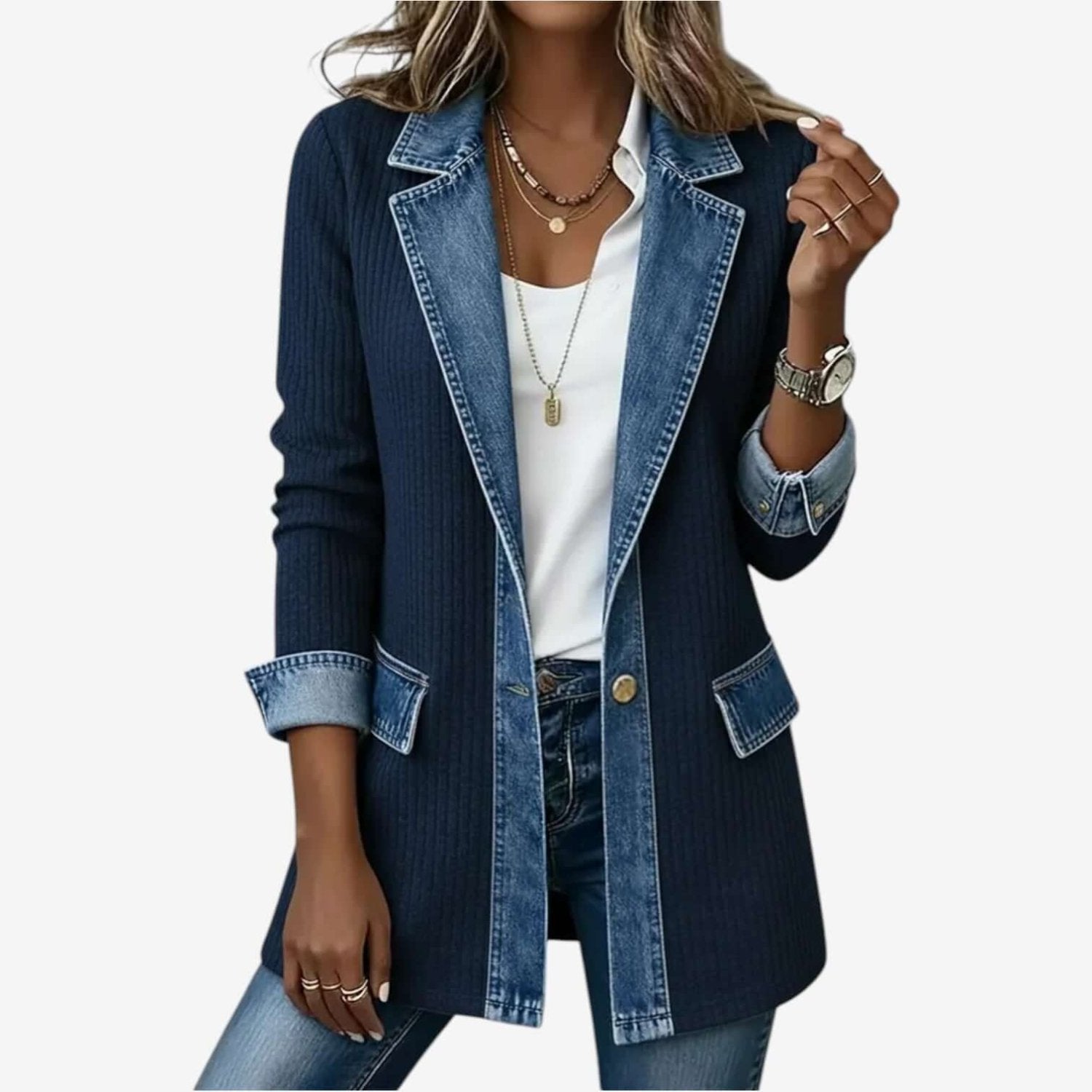 Gebreid Vest Denim Detail Flatterend — Iris in Marineblauw - Finn Jules