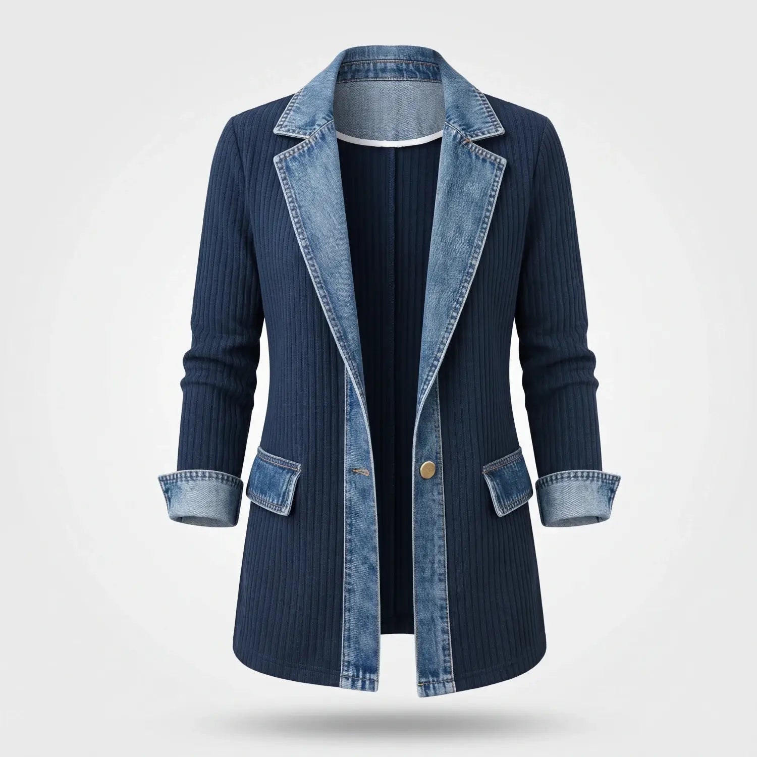 Gebreid Vest Denim Detail Flatterend — Iris in Marineblauw - Finn Jules