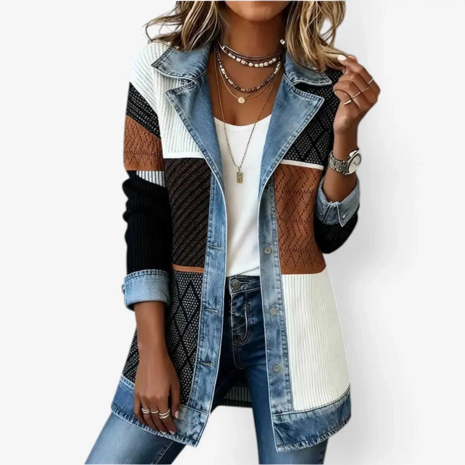Gebreid Vest Denim Detail Flatterend — Iris in Mix - Finn Jules