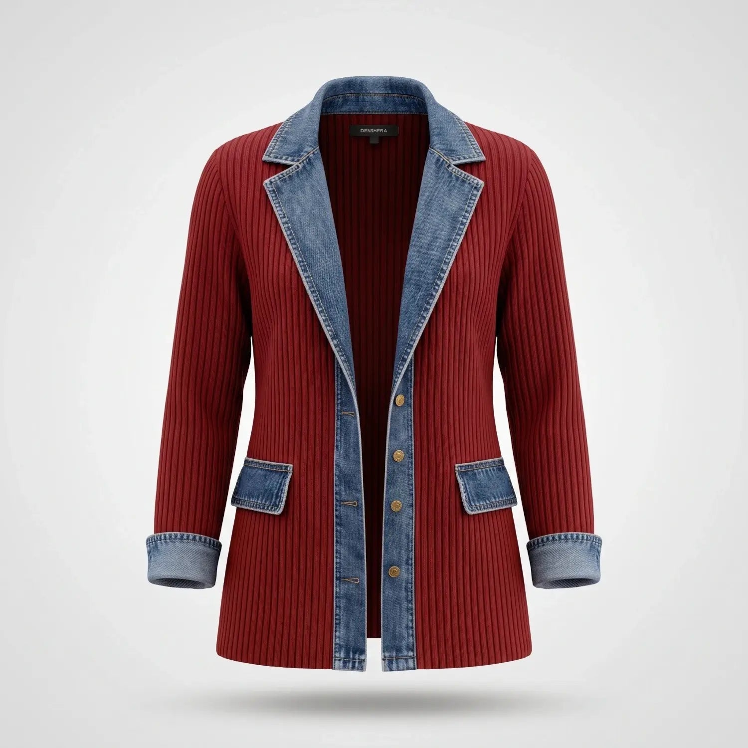 Gebreid Vest Denim Detail Flatterend — Iris in Rood - Finn Jules