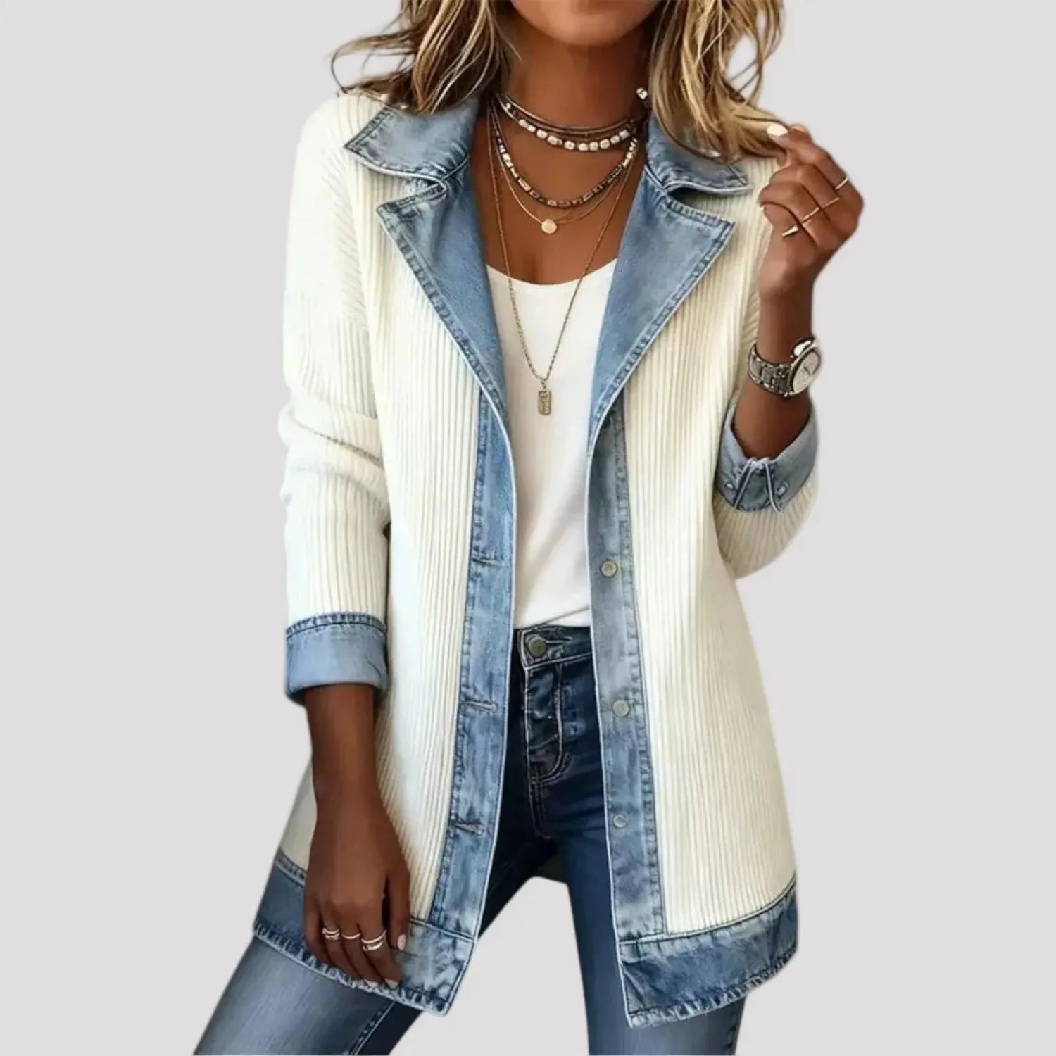 Gebreid Vest Denim Detail Flatterend — Iris in Wit - Finn Jules