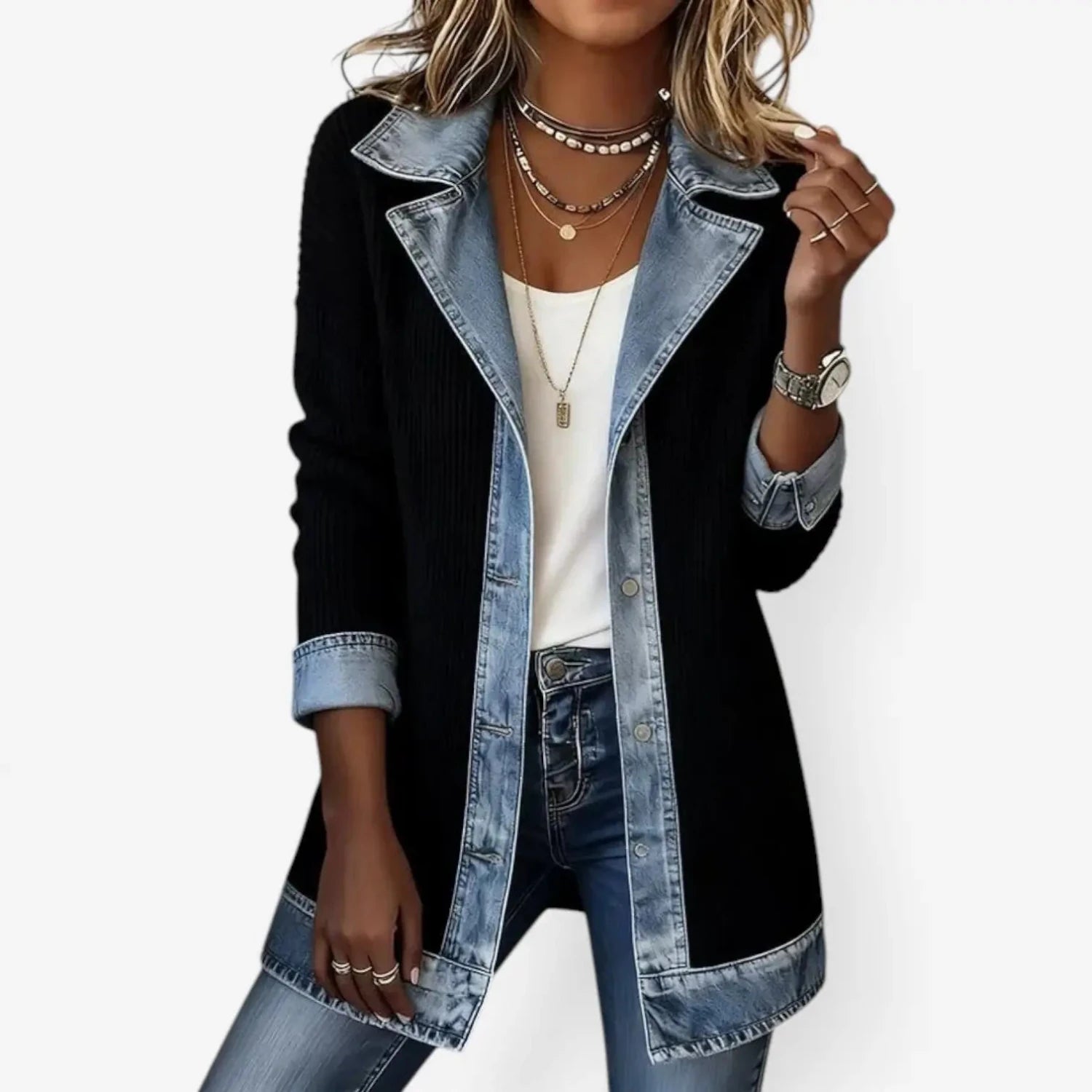 Gebreid Vest Denim Detail Flatterend — Iris in Zwart - Finn Jules