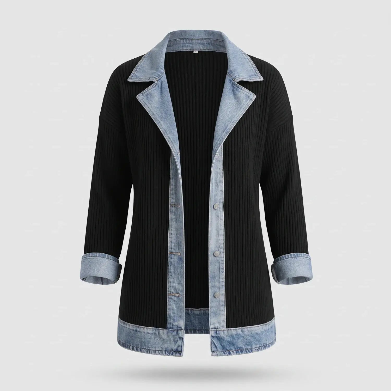 Gebreid Vest Denim Detail Flatterend — Iris in Zwart - Finn Jules