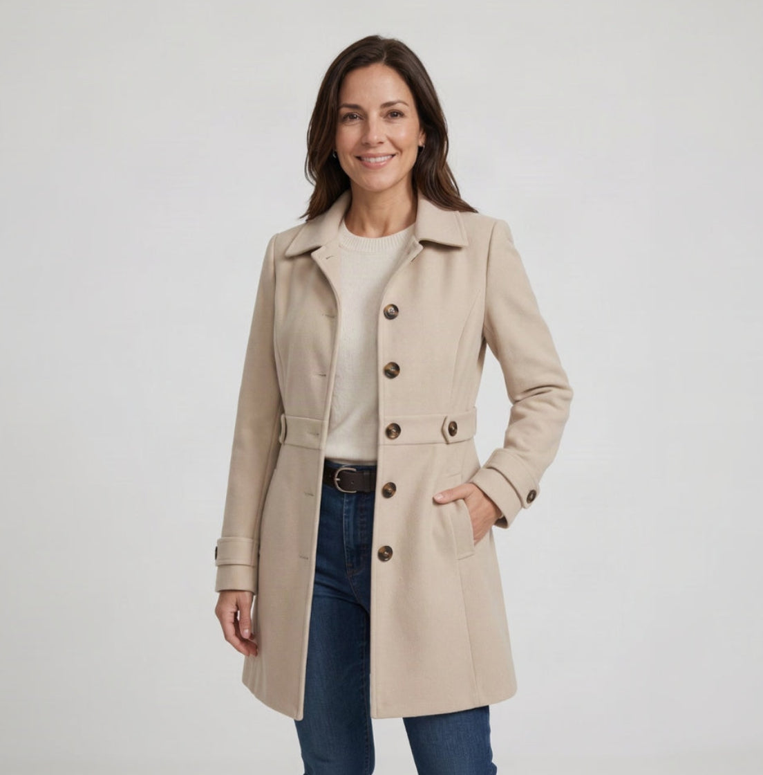 Klassieke Halflange Mantel met Ceintuurdetail — Marit in Beige - Finn Jules