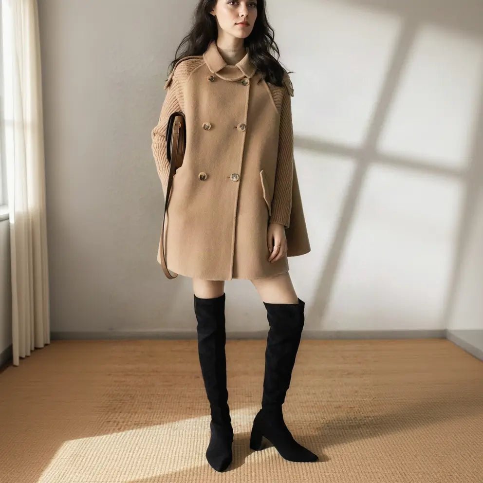 Mantel Dames - Wollen Capejas Gebreide Mouw — Sara in Beige - Finn Jules