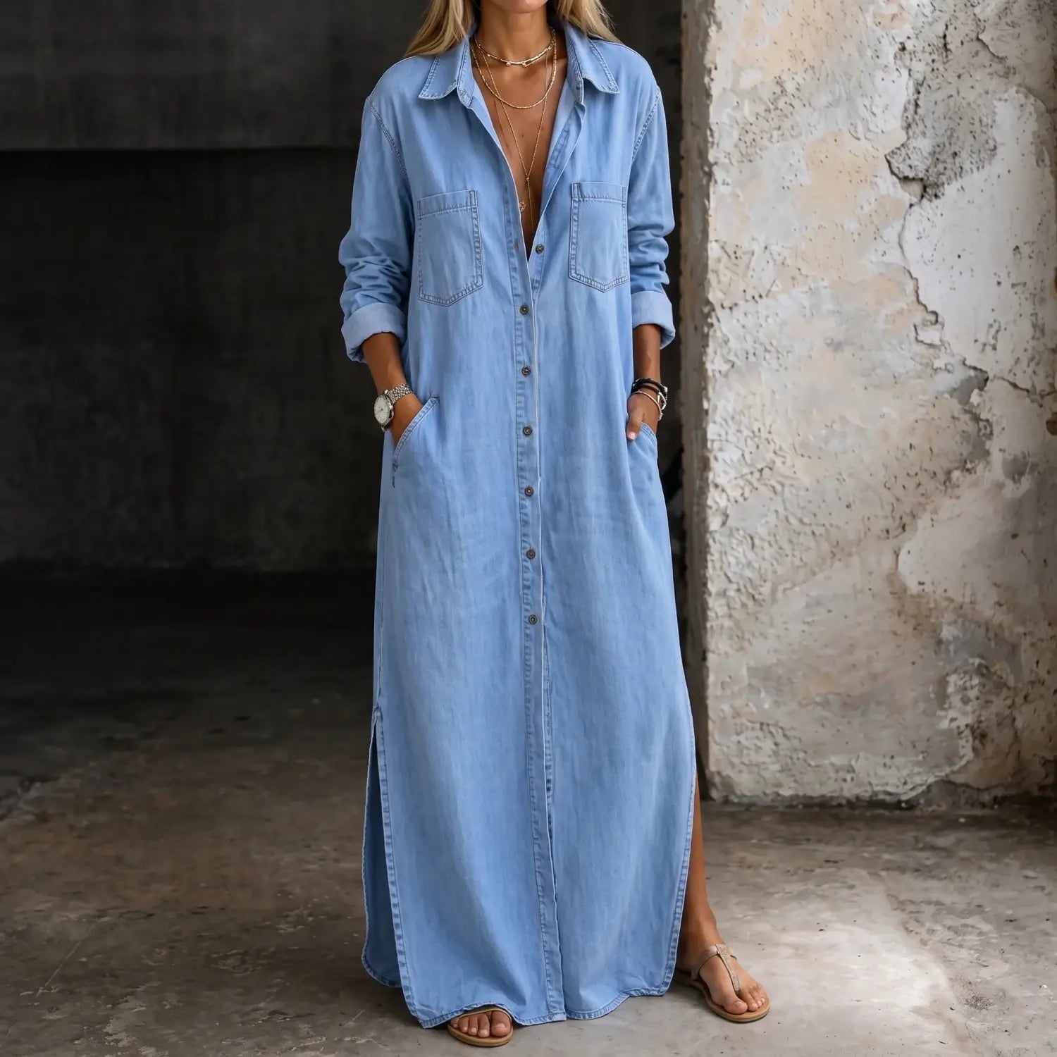 Maxi Blousejurk Dames - Denim Doorknoopjurk — Roos in Blauw - Finn Jules