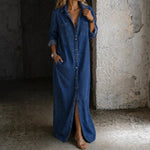 Maxi Blousejurk Dames - Denim Doorknoopjurk — Roos in Donkerblauw - Finn Jules