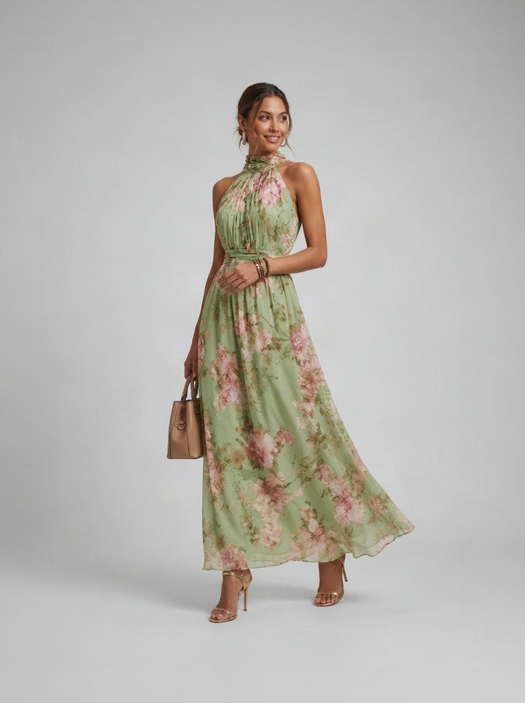 Maxi Jurk met Bloemenprint en Halterhals — Truus in Groen - Finn Jules