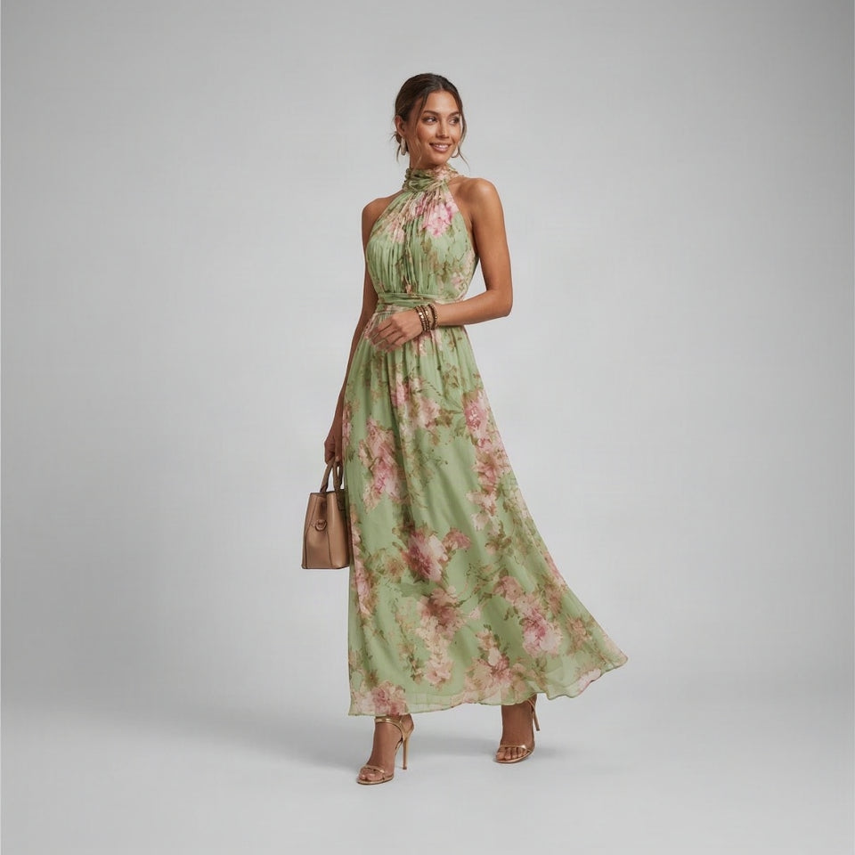 Maxi Jurk met Bloemenprint en Halterhals — Truus in Groen - Finn Jules