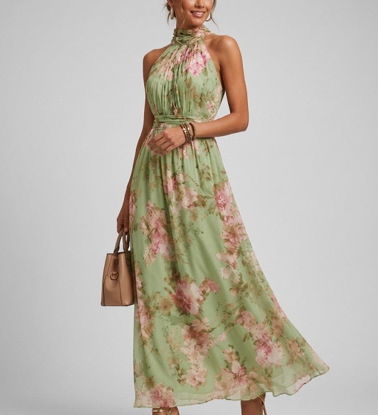 Maxi Jurk met Bloemenprint en Halterhals — Truus in Groen - Finn Jules