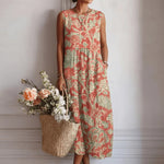 Midi Jurk Dames - Mouwloze Zomerjurk Met Print — Iris in Koraalroze Bloemen - Finn Jules