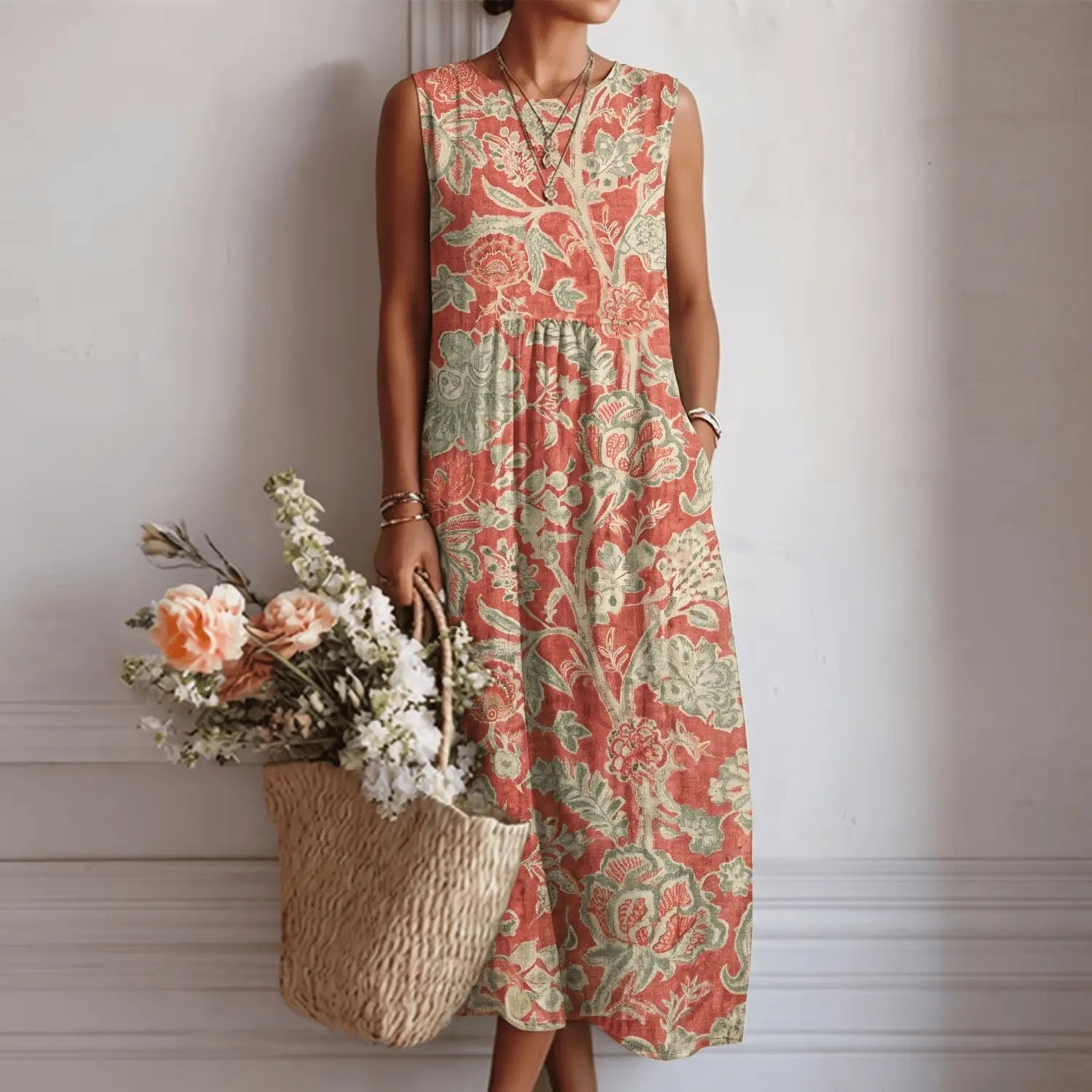 Midi Jurk Dames - Mouwloze Zomerjurk Met Print — Iris in Koraalroze Bloemen - Finn Jules