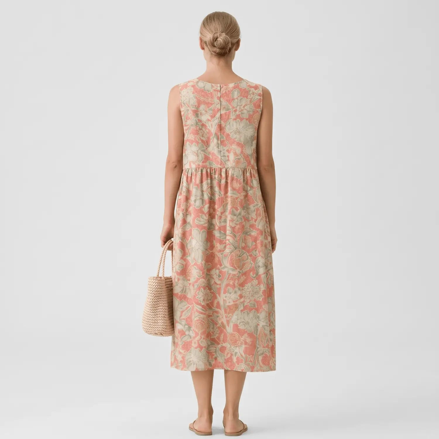 Midi Jurk Dames - Mouwloze Zomerjurk Met Print — Iris in Koraalroze Bloemen - Finn Jules