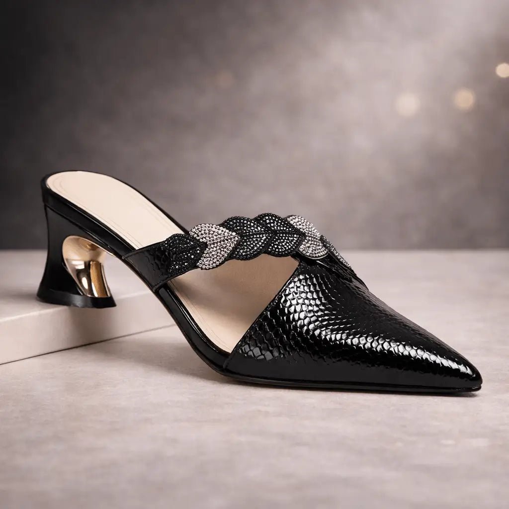 Mules Dames - Strass Slangenprint Puntneus — Anne in Zwart - Finn Jules