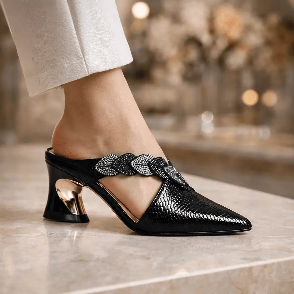 Mules Dames - Strass Slangenprint Puntneus — Anne in Zwart - Finn Jules