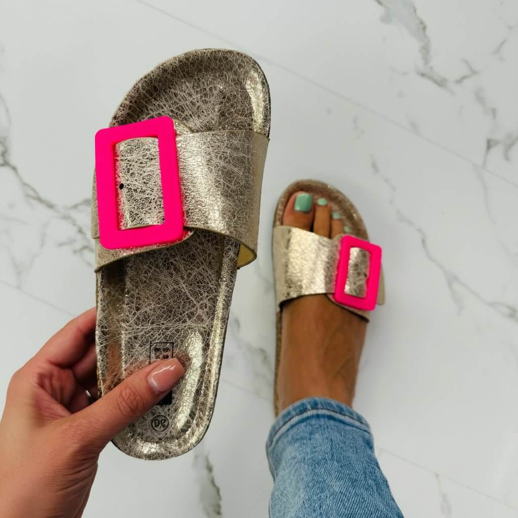 Slippers Dames - Comfortabele Kurk Muiltjes — Tess in Goud / Roze - Finn Jules
