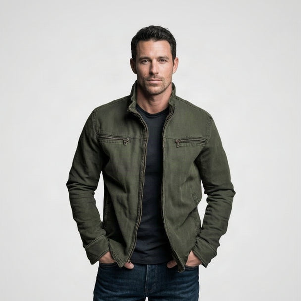 Stoere Casual Jas met Opstaande Kraag — Koen in Legergroen - Finn Jules