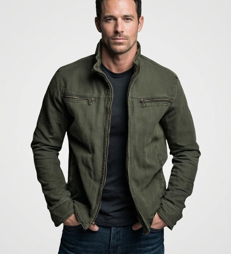 Stoere Casual Jas met Opstaande Kraag — Koen in Legergroen - Finn Jules