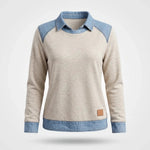 Sweater Dames - Katoenen Top Met Denim Kraag — Sanne in Beige - Finn Jules