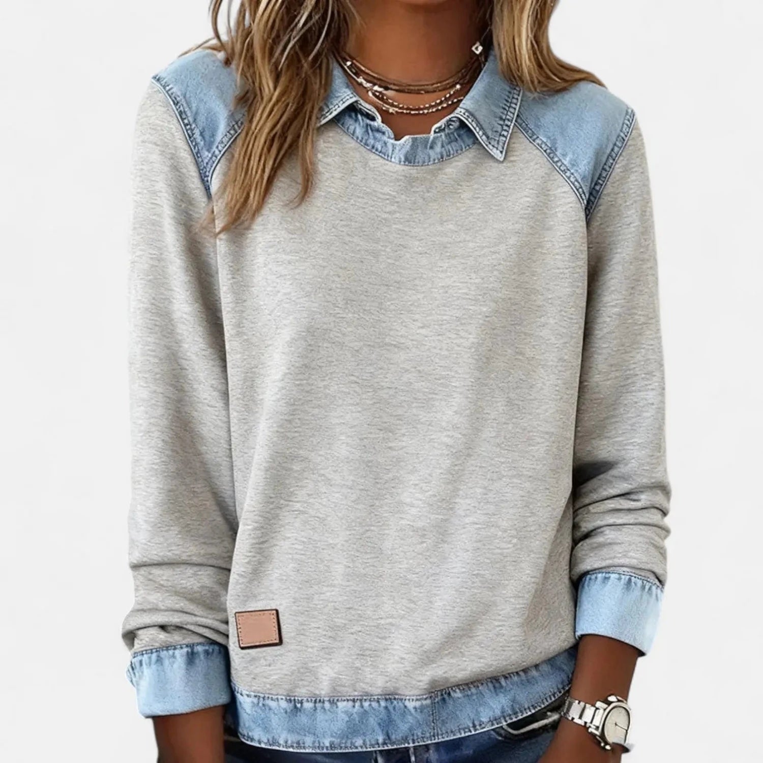 Sweater Dames - Katoenen Top Met Denim Kraag — Sanne in Grijs - Finn Jules