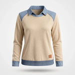 Sweater Dames - Katoenen Top Met Denim Kraag — Sanne in Khaki - Finn Jules