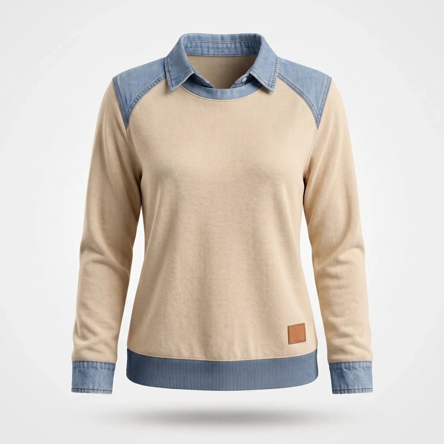 Sweater Dames - Katoenen Top Met Denim Kraag — Sanne in Khaki - Finn Jules