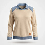 Sweater Dames - Katoenen Top Met Denim Kraag — Sanne in Khaki - Finn Jules