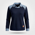 Sweater Dames - Katoenen Top Met Denim Kraag — Sanne in Marineblauw - Finn Jules