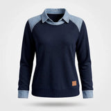 Sweater Dames - Katoenen Top Met Denim Kraag — Sanne in Marineblauw - Finn Jules