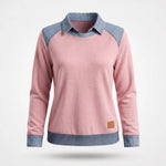 Sweater Dames - Katoenen Top Met Denim Kraag — Sanne in Roze - Finn Jules