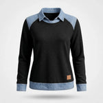 Sweater Dames - Katoenen Top Met Denim Kraag — Sanne in Zwart - Finn Jules