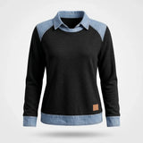 Sweater Dames - Katoenen Top Met Denim Kraag — Sanne in Zwart - Finn Jules