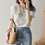 T-shirt Dames - Asymmetrische Ruffle Mouw — Lieke in Wit - Finn Jules