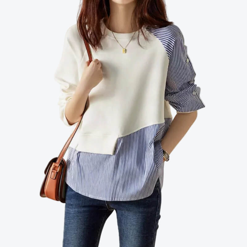 Trui Dames - Asymmetrische Gestreepte Blouse — Fleur in Wit - Finn Jules