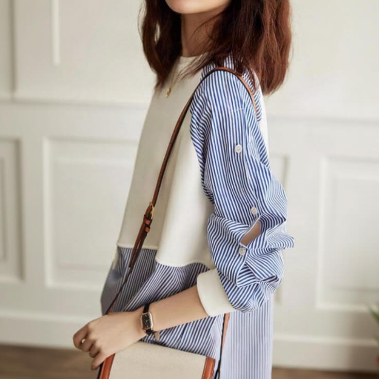 Trui Dames - Asymmetrische Gestreepte Blouse — Fleur in Wit - Finn Jules