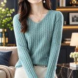Trui Dames - Ribgebreid V-Hals Elegante — Elin in Groen - Finn Jules