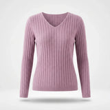Trui Dames - Ribgebreid V-Hals Elegante — Elin in Oudroze - Finn Jules