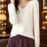 Trui Dames - Ribgebreid V-Hals Elegante — Elin in Wit - Finn Jules