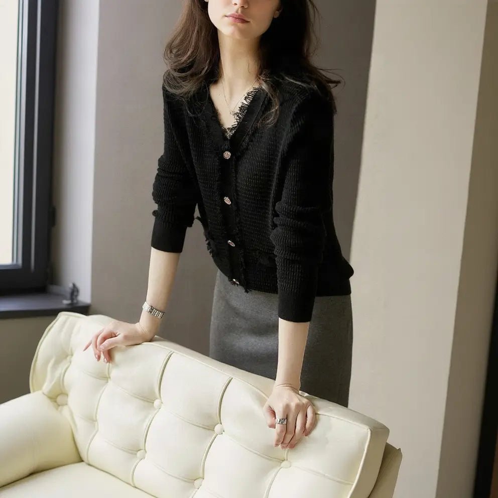 Vest Dames - Gebreid Fringe Vestje — Noor in Zwart - Finn Jules