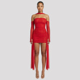 Strapless Mesh Mini-Jurk met Drapage - Finn Jules in Rood - Finn Jules
