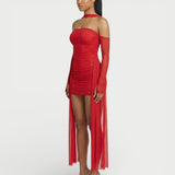 Strapless Mesh Mini-Jurk met Drapage - Finn Jules in Rood - Finn Jules