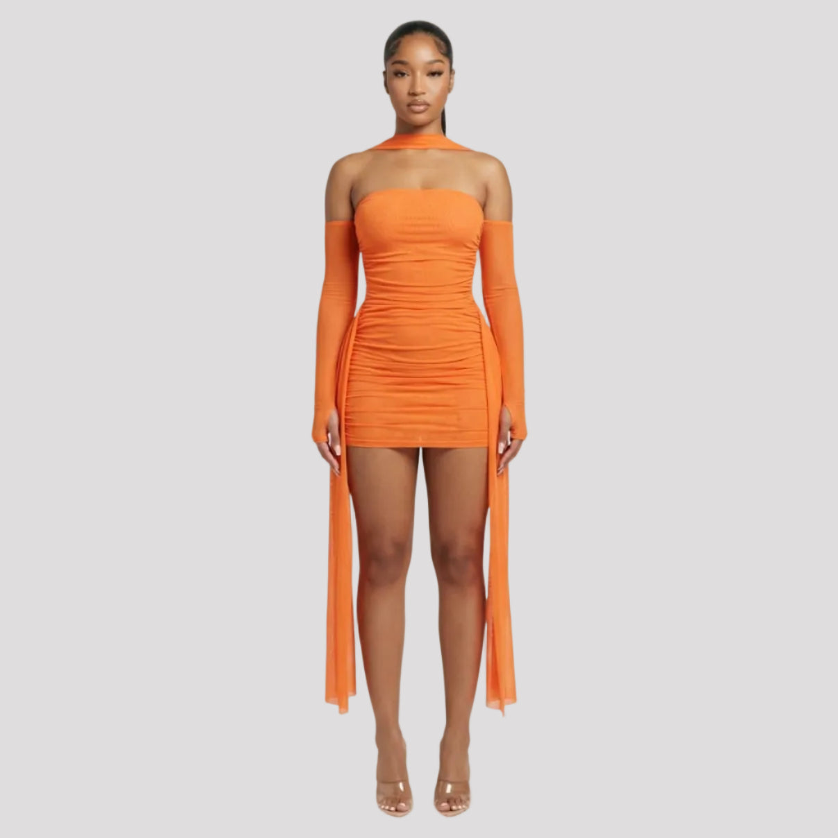 Strapless Mesh Mini-Jurk met Drapage - Finn Jules in Oranje - Finn Jules