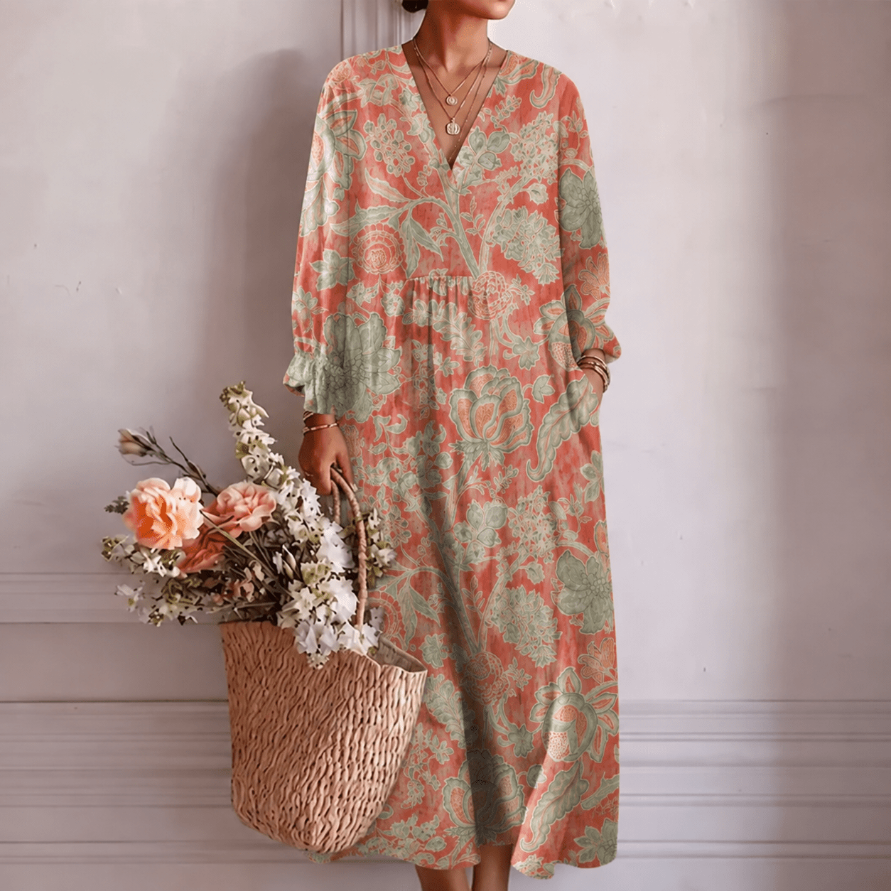 Dolores midi-jurk voor elke dag in Koraalroze Bloemen - Finn Jules